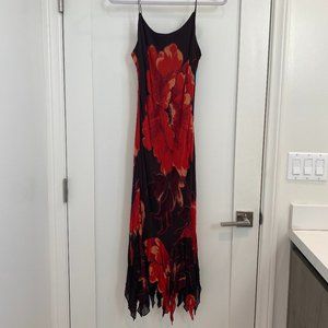 Eva Blue Chocolate and Red Beaded Floral Handkerchief-Hem Maxi Dress